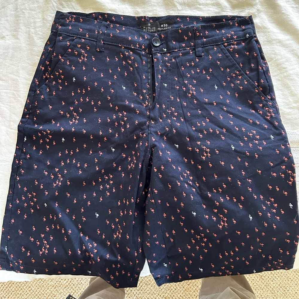 Navy Blue Flamingo Flat Front Shorts